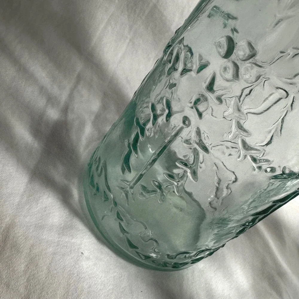 Recycled Glass Bottle Set AquaGreen Excellent Embossed Farmhouse Rustic Cottage
